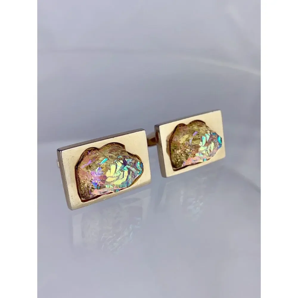 Dichroic Art Glass Nugget Gold Tone Cufflinks Molded Foster Iridescent Vintage